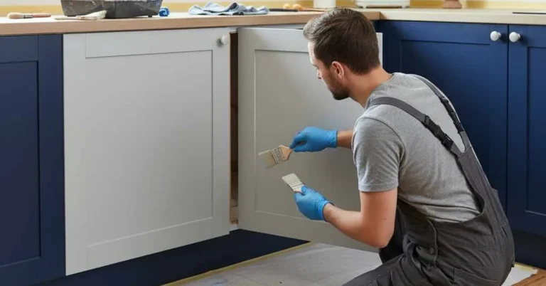 Painter using a brush to paint a kitchen cabinet door without removing it from the hinges
