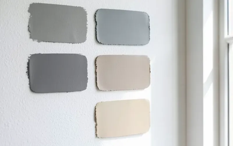 Several paint sample swatches painted directly on a white wall in gray and beige shades Several paint sample swatches painted directly on a white wall in gray and beige shades