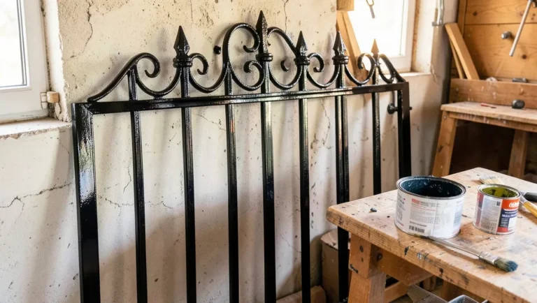 Freshly painted glossy black wrought iron gate leaning in a workshop