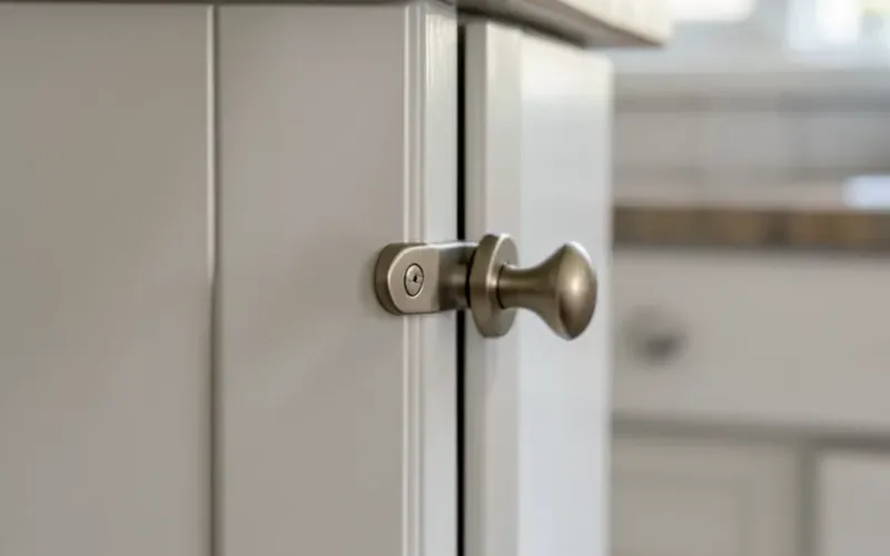 Close-up of a painted wood cabinet door and pull showing a smooth durable finish Close-up of a painted wood cabinet door and pull showing a smooth durable finish
