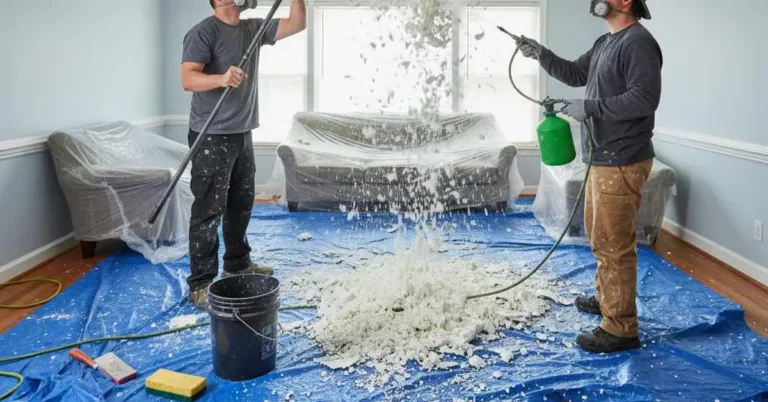 Two workers in respirators dry-scraping a painted popcorn ceiling onto drop cloths