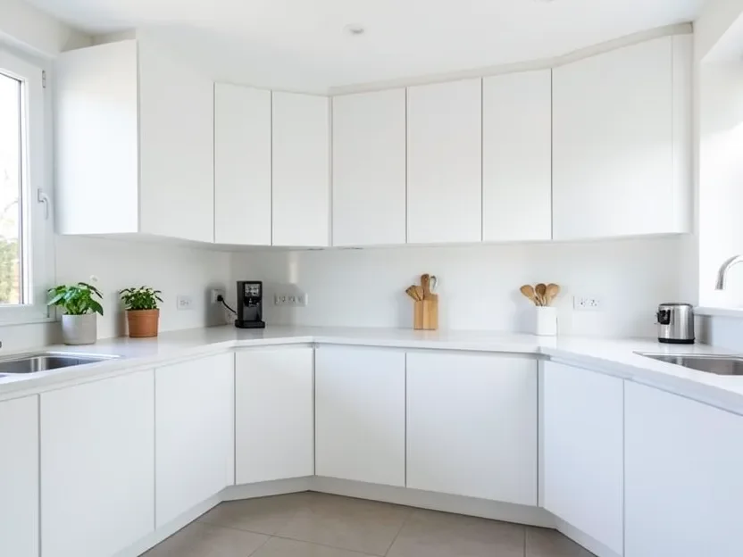 Kitchen with freshly painted smooth white MDF cabinet doors