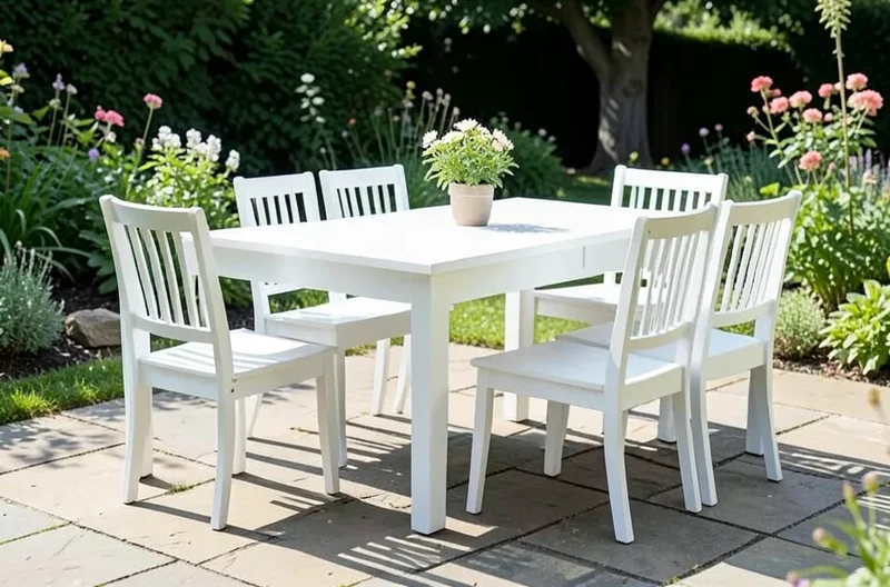 Finished white-painted teak outdoor dining table and chairs on a patio