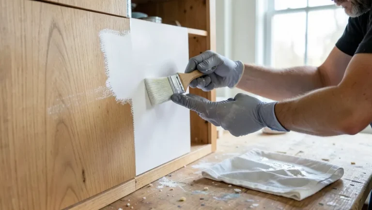 Painter applying paint to a wood cabinet door after treating it with liquid sandpaper deglosser