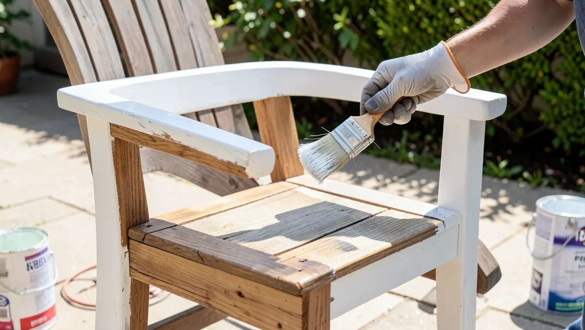 Painting a teak outdoor armchair with white exterior paint, half chair shows raw teak wood