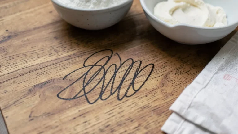 A permanent marker stain on wood, with baking soda paste ready to lift it