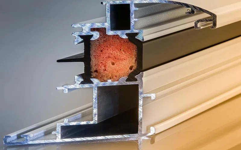 Cross section of a powder-coated aluminum window profile