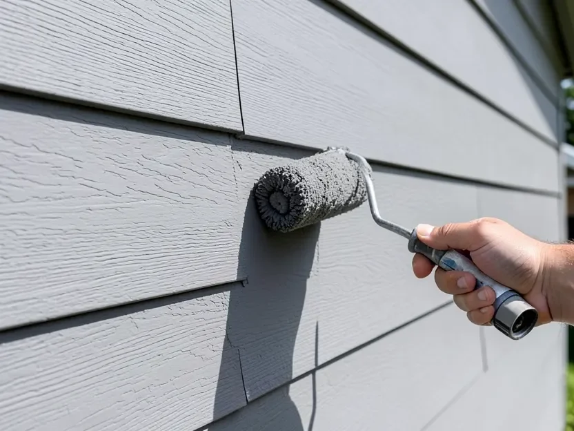Priming fiber cement Hardie board siding Painter rolling gray acrylic primer onto a fiber cement lap siding board