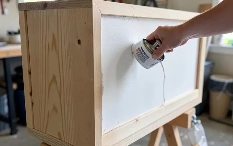 Rolling white primer onto a raw unfinished wood cabinet box before painting Rolling white primer onto a raw unfinished wood cabinet box before painting