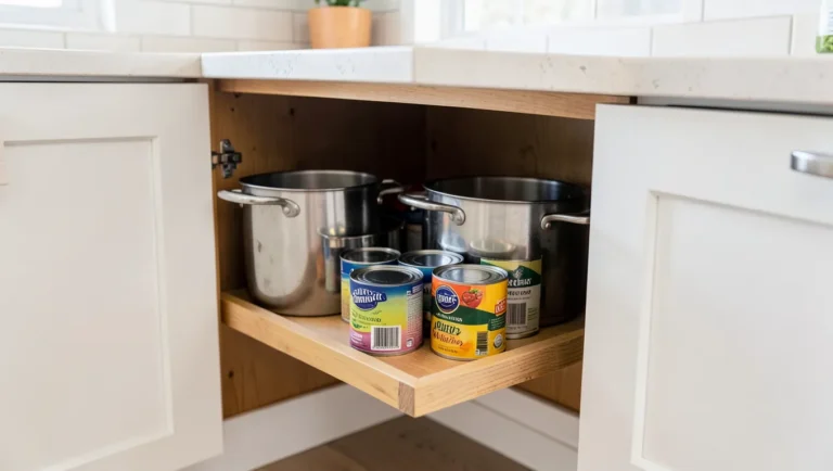 Pull-out plywood shelf extended from a kitchen base cabinet