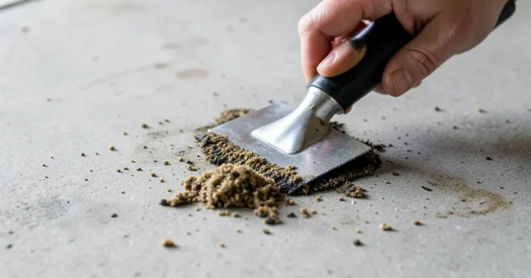 Scraping dried carpet glue off a subfloor with a floor scraper