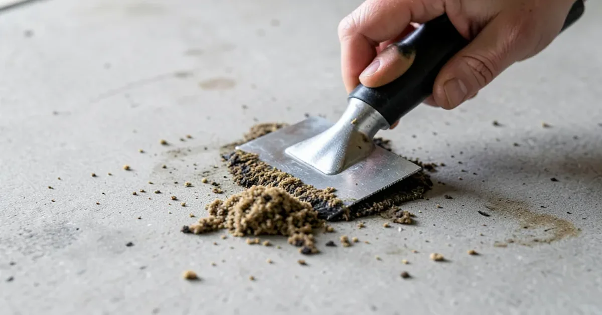 Scraping dried carpet glue off a subfloor with a floor scraper