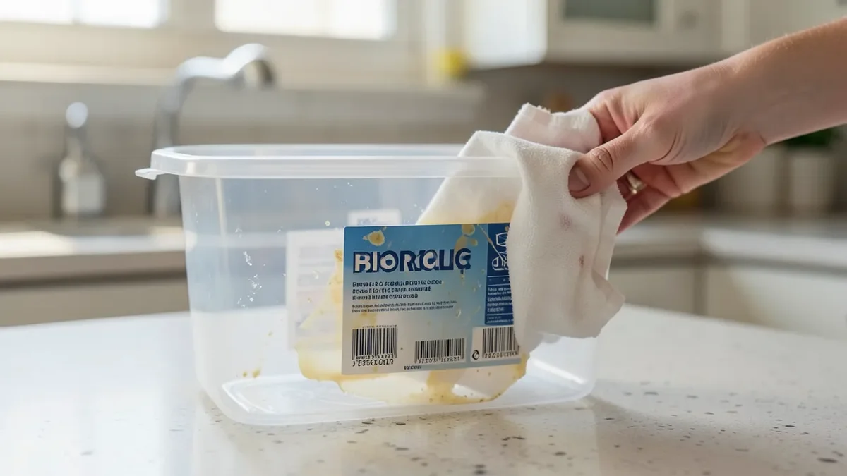 Wiping sticky label residue off a plastic storage container