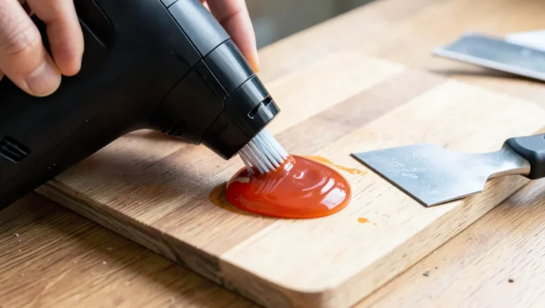 Removing hot glue from a wood surface with heat and a scraper