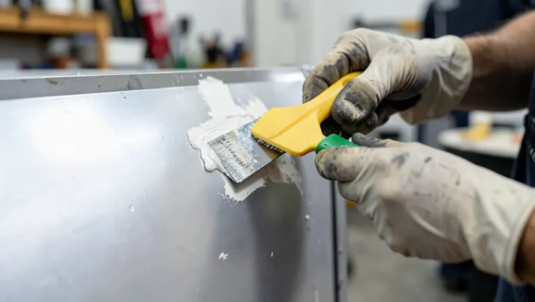 Scraping old paint off a bare aluminum panel with a plastic scraper