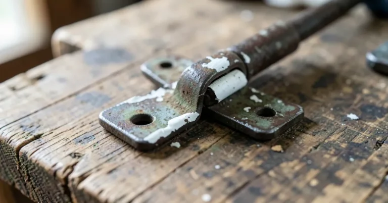 Old metal hinge with white paint peeling off in strips, ready for paint removal