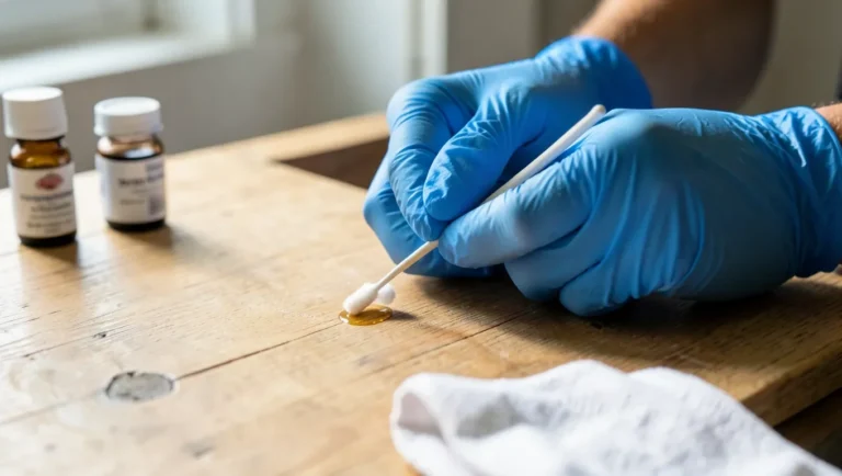 Removing dried super glue from a surface with a cotton swab while wearing gloves