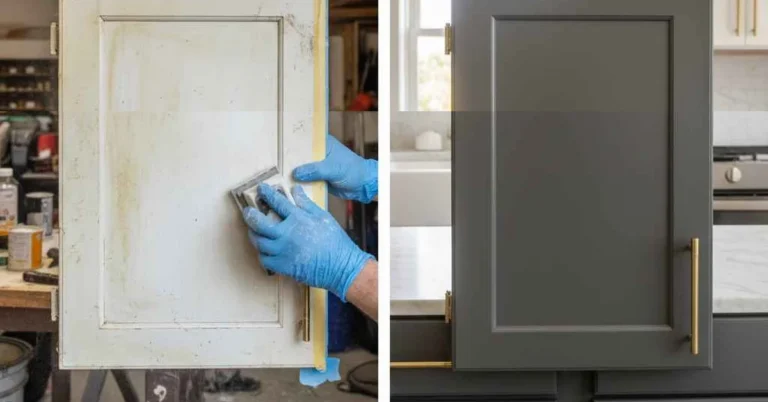 Before and after repainting an MDF cabinet door: sanded primer coat next to the finished painted door