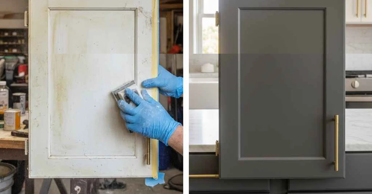 Before and after repainting an MDF cabinet door: sanded primer coat next to the finished painted door