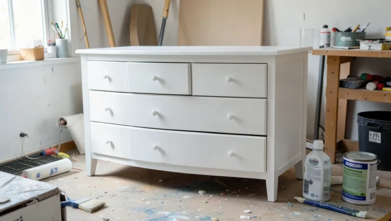 A freshly repainted white MDF dresser in a home workshop with painting supplies