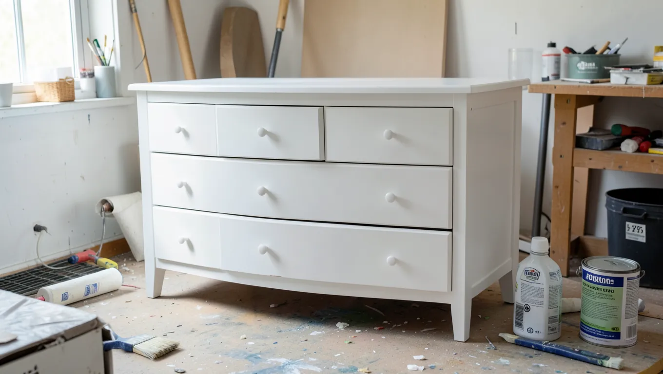 A freshly repainted white MDF dresser in a home workshop with painting supplies