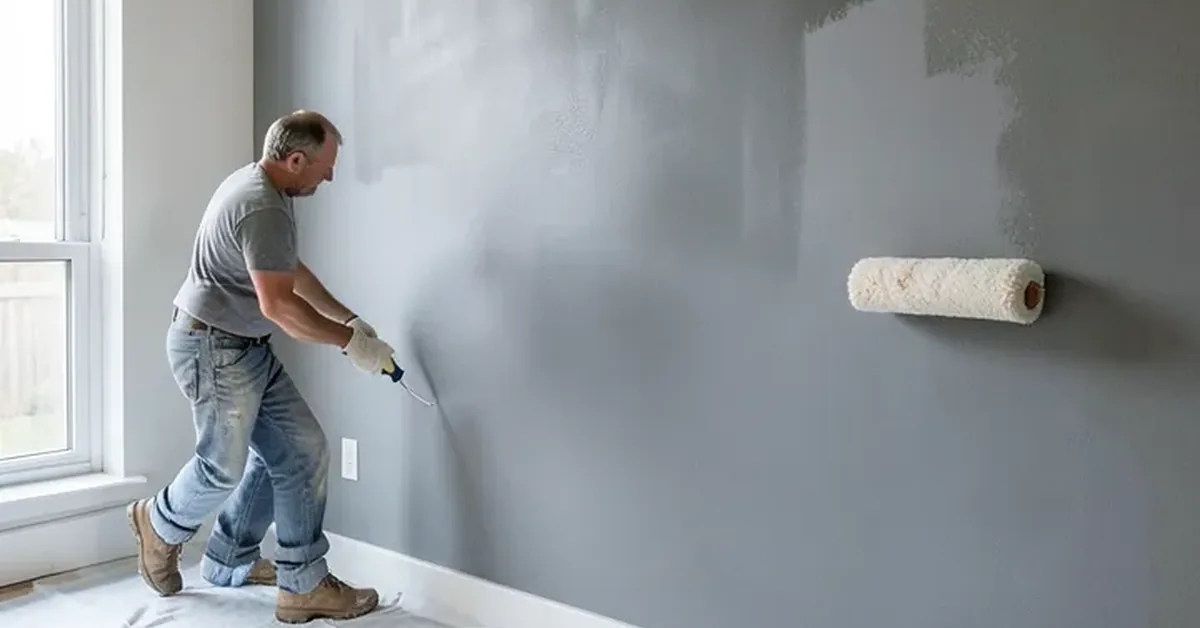 Person rolling gray interior wall paint onto a living room wall Person rolling gray interior wall paint onto a living room wall