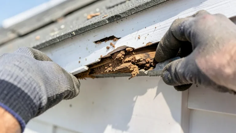 Carpenter removing a rotted wood fascia board from a house exterior roofline