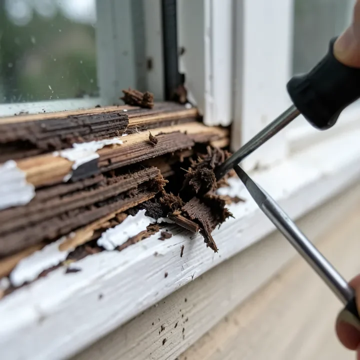 Close-up of soft rotted wood window trim being probed with a screwdriver
