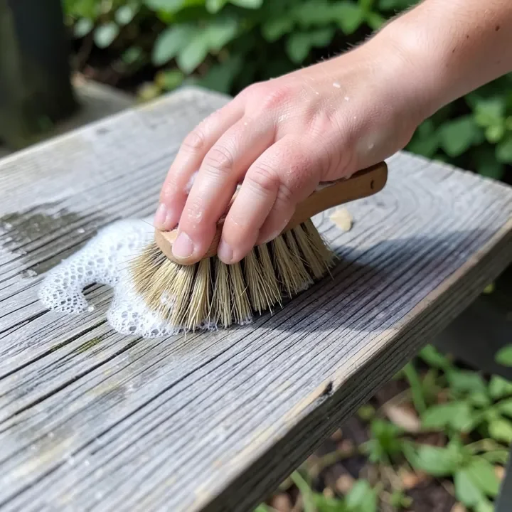 scrubbing weathered gray teak wood with a soft bristle brush and soapy water