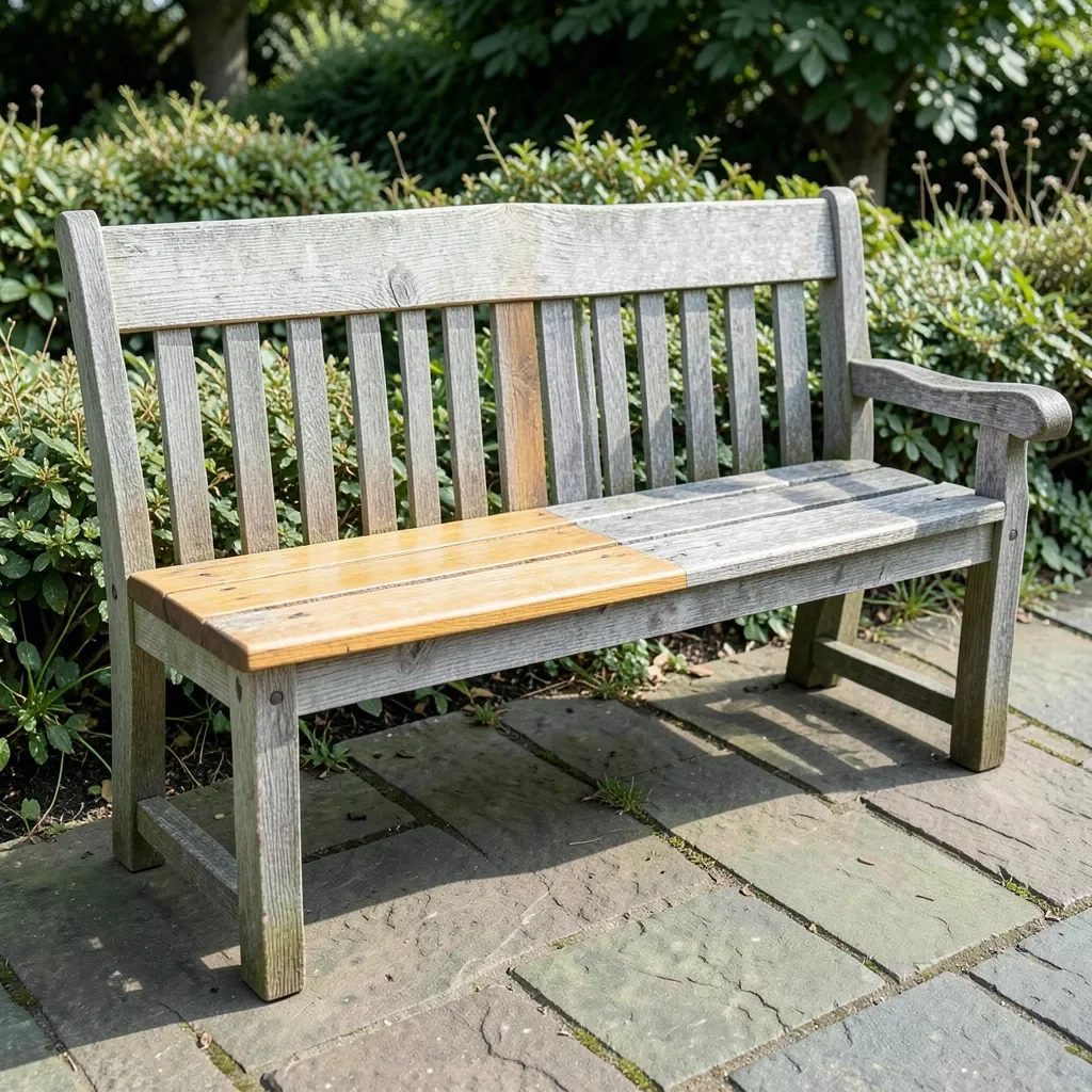 Weathered gray teak wood next to freshly sanded golden teak