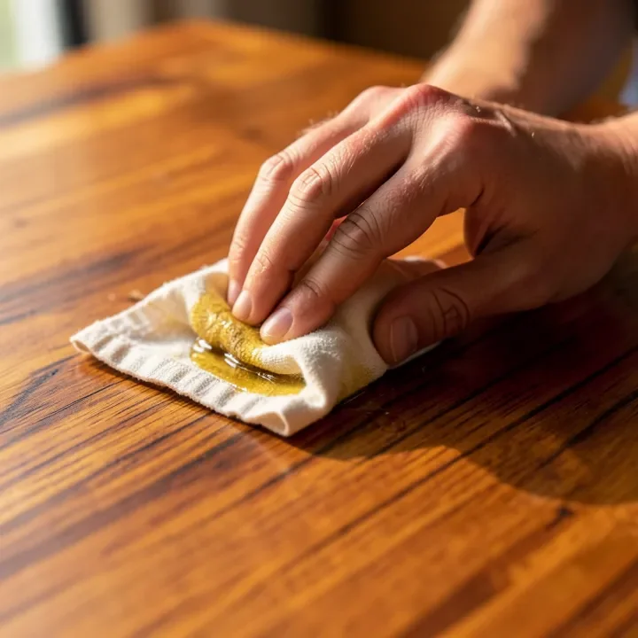 applying golden teak oil with a cloth to a sanded teak wood table