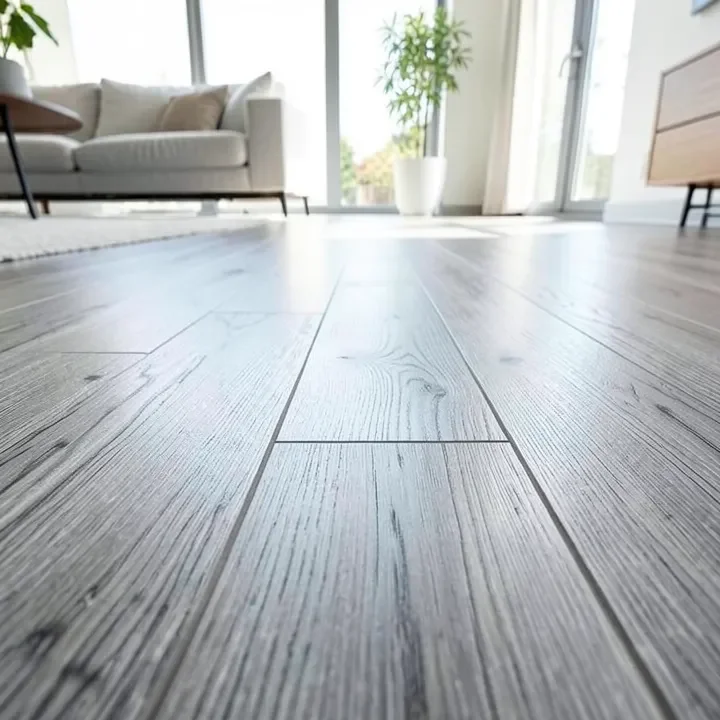 ash grey stained wood flooring planks with visible grain texture in a bright living room