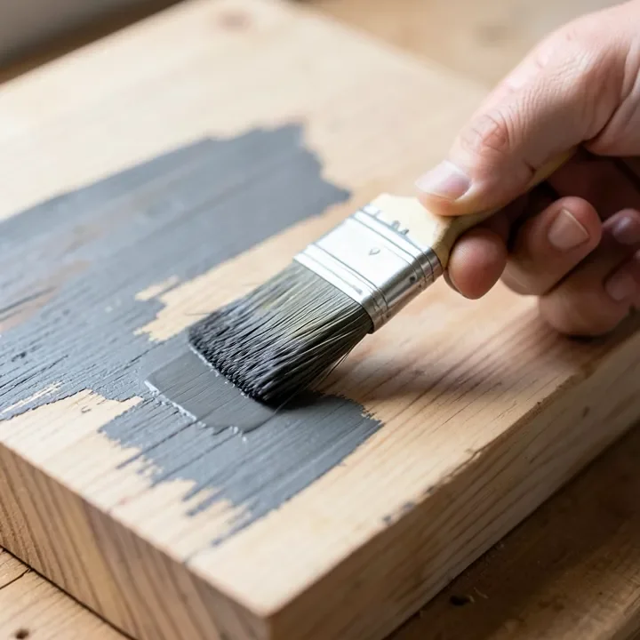 applying grey wood stain with a brush to a raw wood board