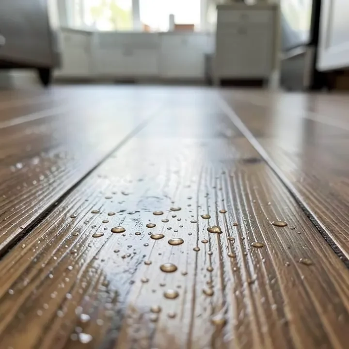 water beading on the surface of a waterproof rigid-core wood-look floor