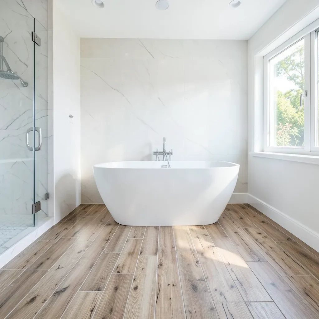 waterproof engineered wood-look flooring in a modern bathroom