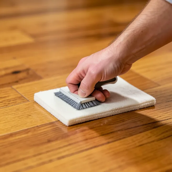 applying polyurethane finish coat to a freshly sanded hardwood floor
