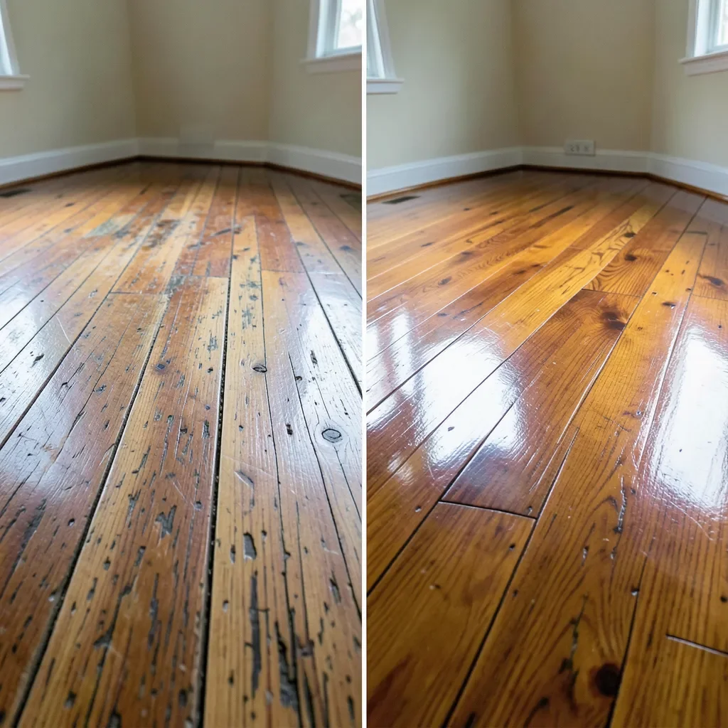 worn hardwood floor compared to a freshly refinished hardwood floor