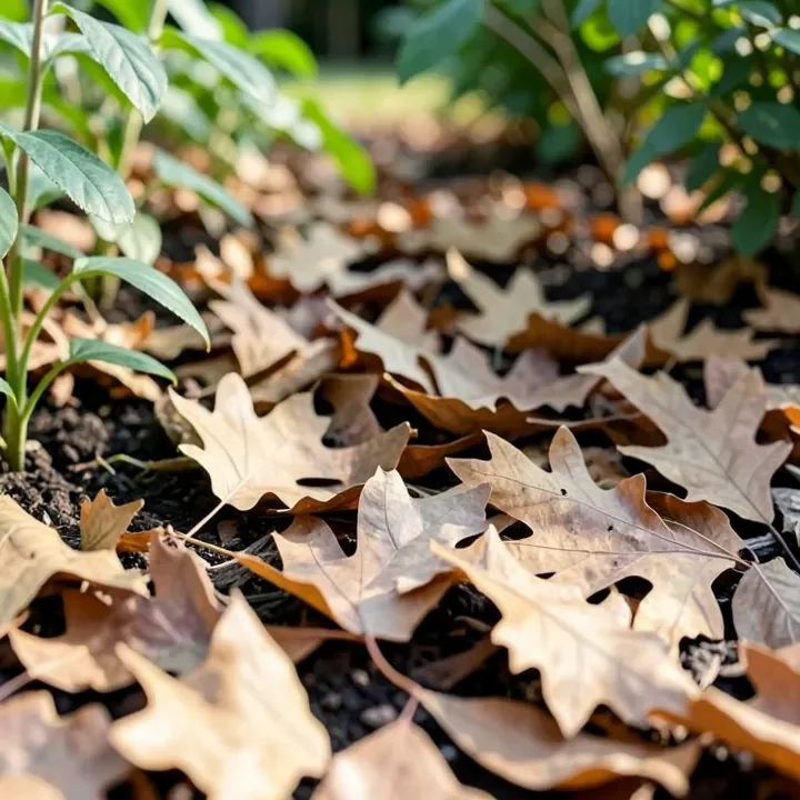 fallen oak leaves used as mulch spread around garden plants