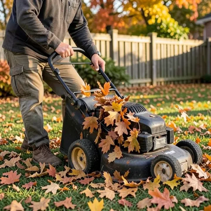shredding fallen oak leaves with a mulching mower before use as garden mulch