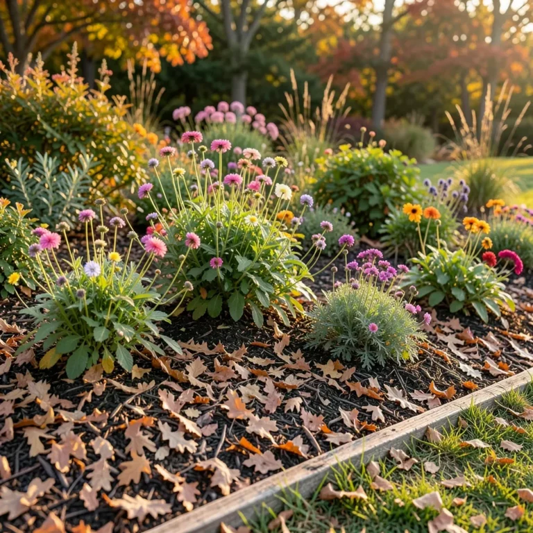 garden bed mulched with shredded oak leaves