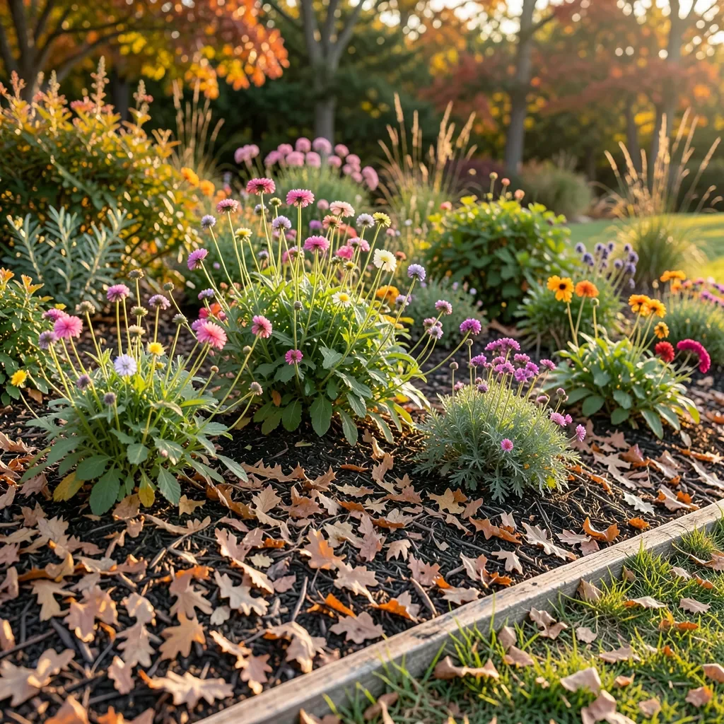 garden bed mulched with shredded oak leaves