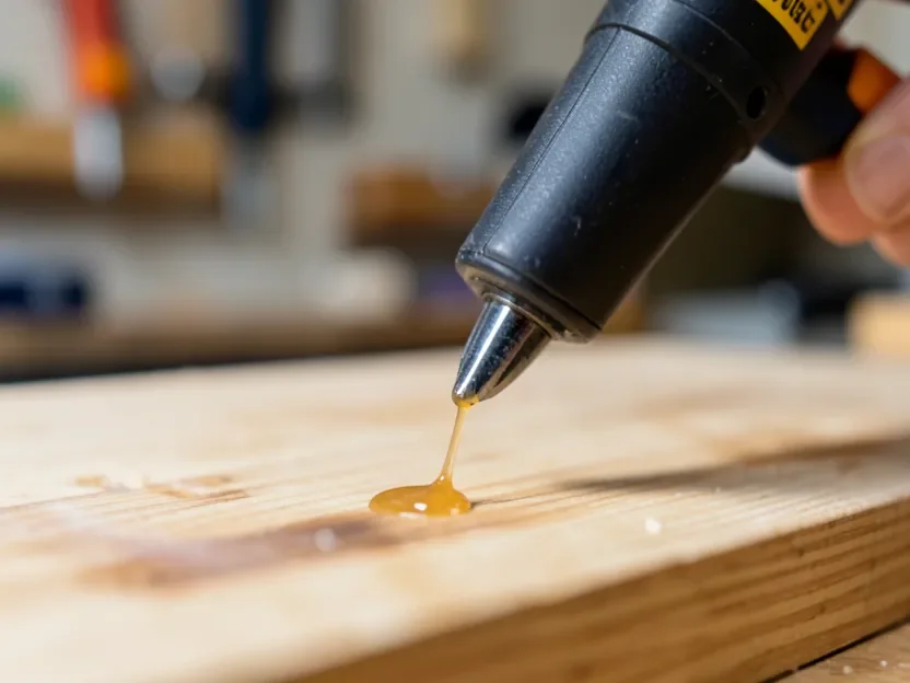 Hot glue gun tip applying a bead of melted glue onto a wooden board