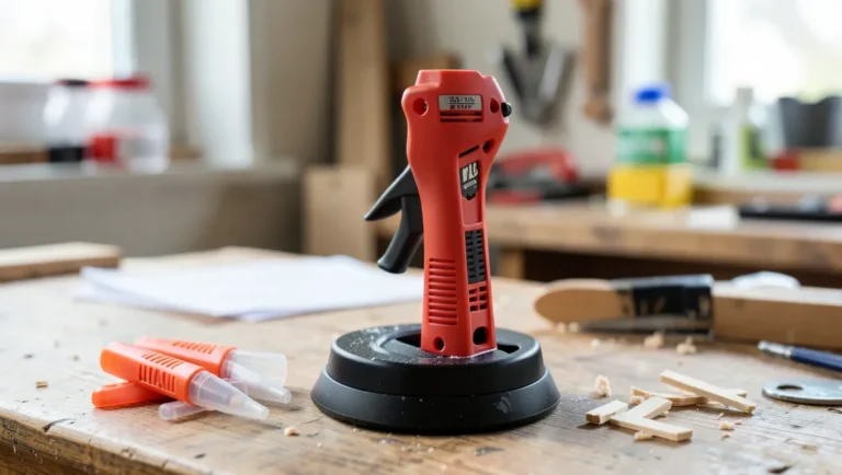 Hot glue gun resting on its stand on a wooden workbench next to glue sticks and wood scraps