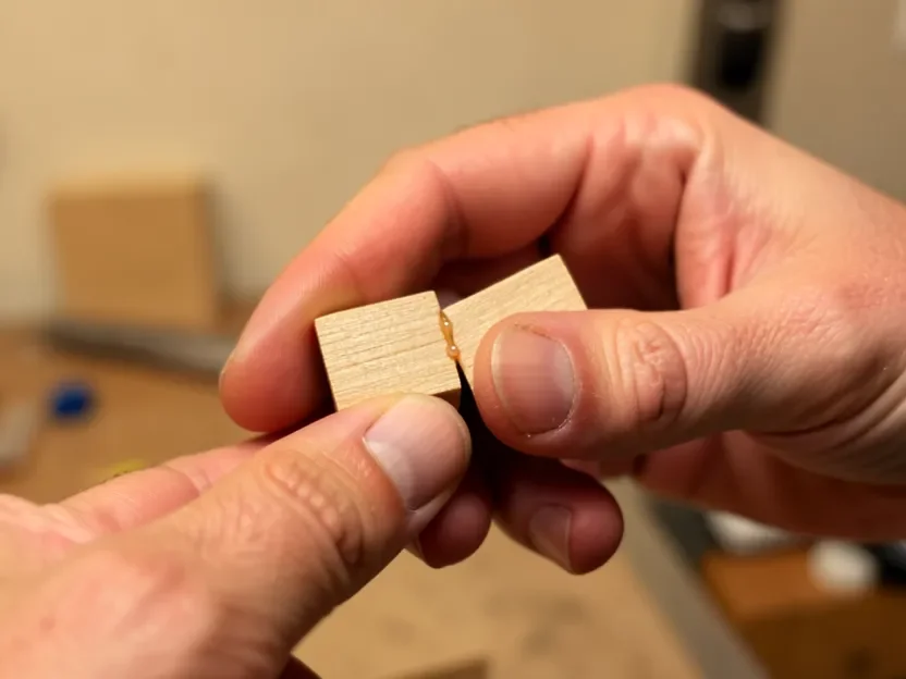 A single hand pressing two wood blocks together while the hot glue seam sets