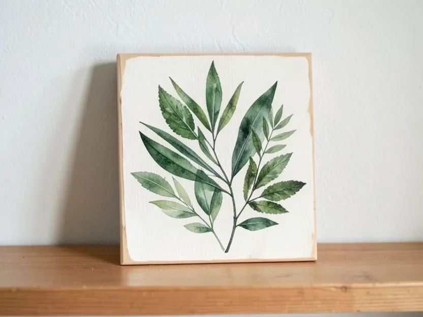 Finished gouache botanical painting on a small wood panel with visible wood grain edges Finished gouache botanical painting on a small wood panel with visible wood grain edges