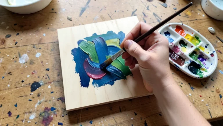 Artist painting opaque gouache colors onto an unfinished wood panel board