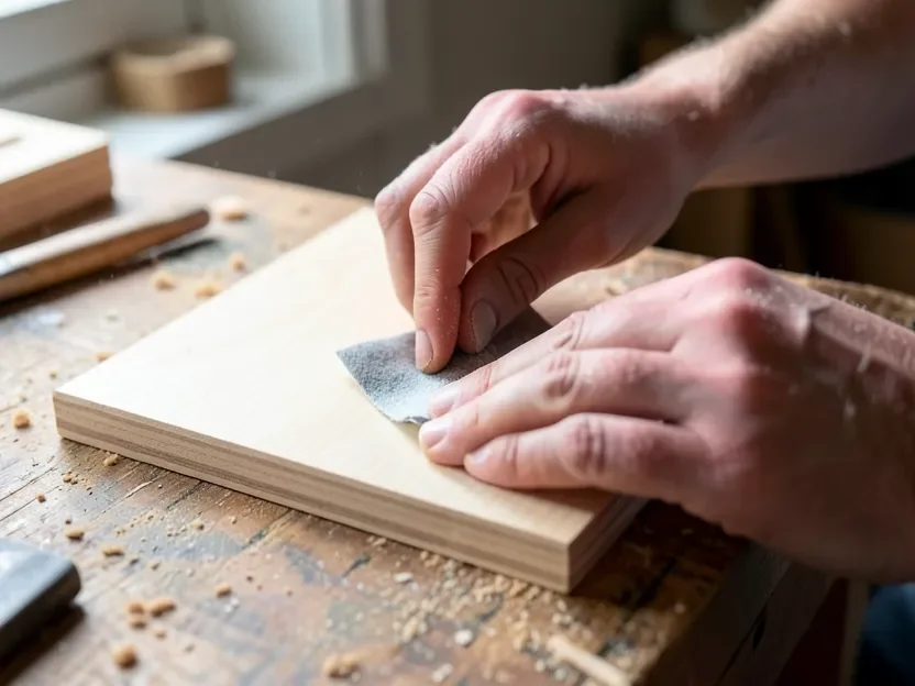 Sanding an unfinished wood panel board smooth before priming for gouache paint Sanding an unfinished wood panel board smooth before priming for gouache paint