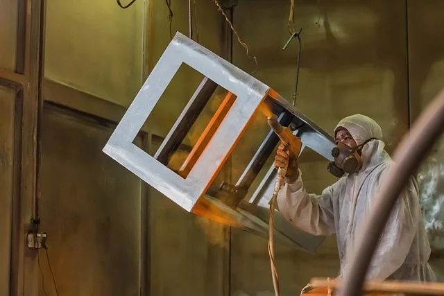 Worker applying powder coating with an electrostatic spray gun