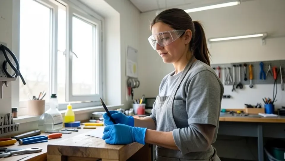 Wearing safety glasses and gloves while working with solvents in a ventilated workshop