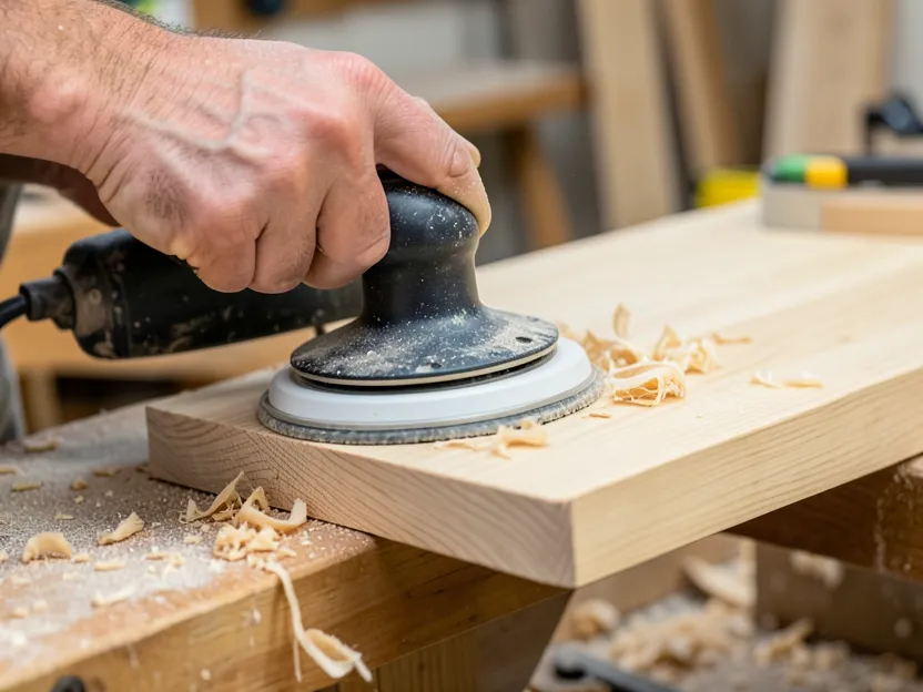 Sanding an ash wood board with an orbital sander to prepare for finishing